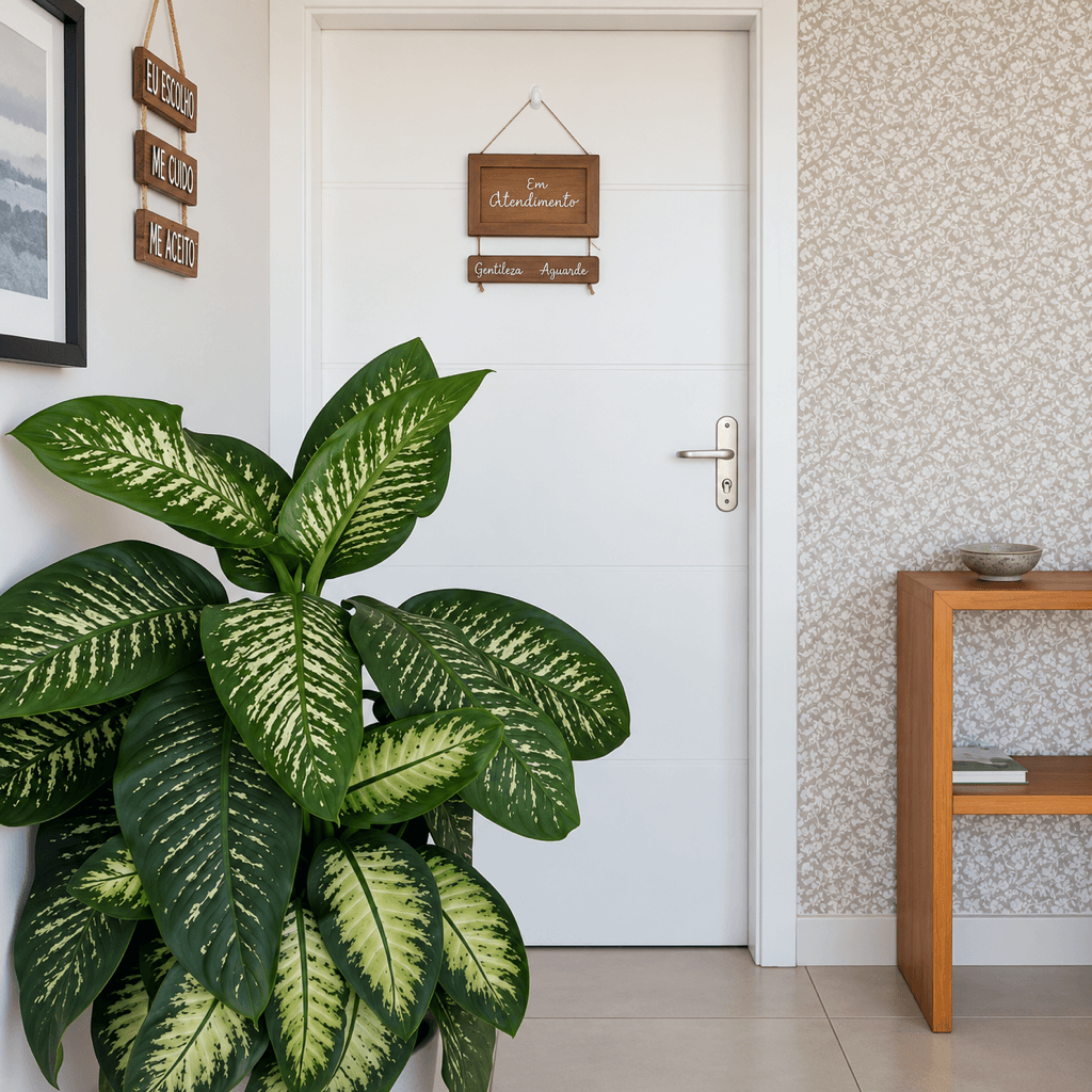 Recepção com porta branca, planta grande e plaquinhas de madeira